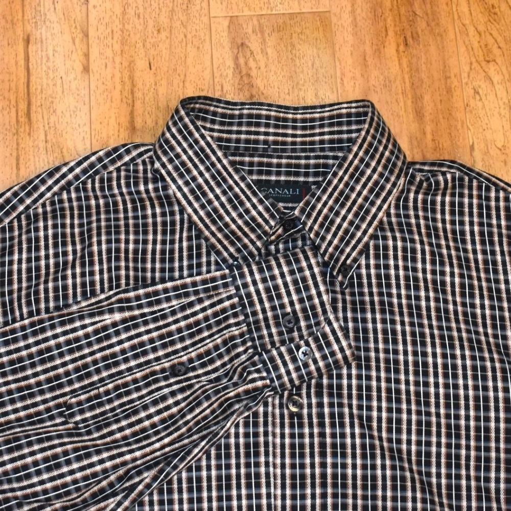 Canali Button Down Shirt Mens XL Black Tan Check Long Sleeve Cotton Italy